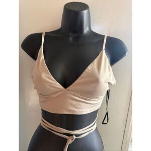 Forever 21 Women's Plunge V-Neck Tied Backless Crop Tank Top Beige Size Medium